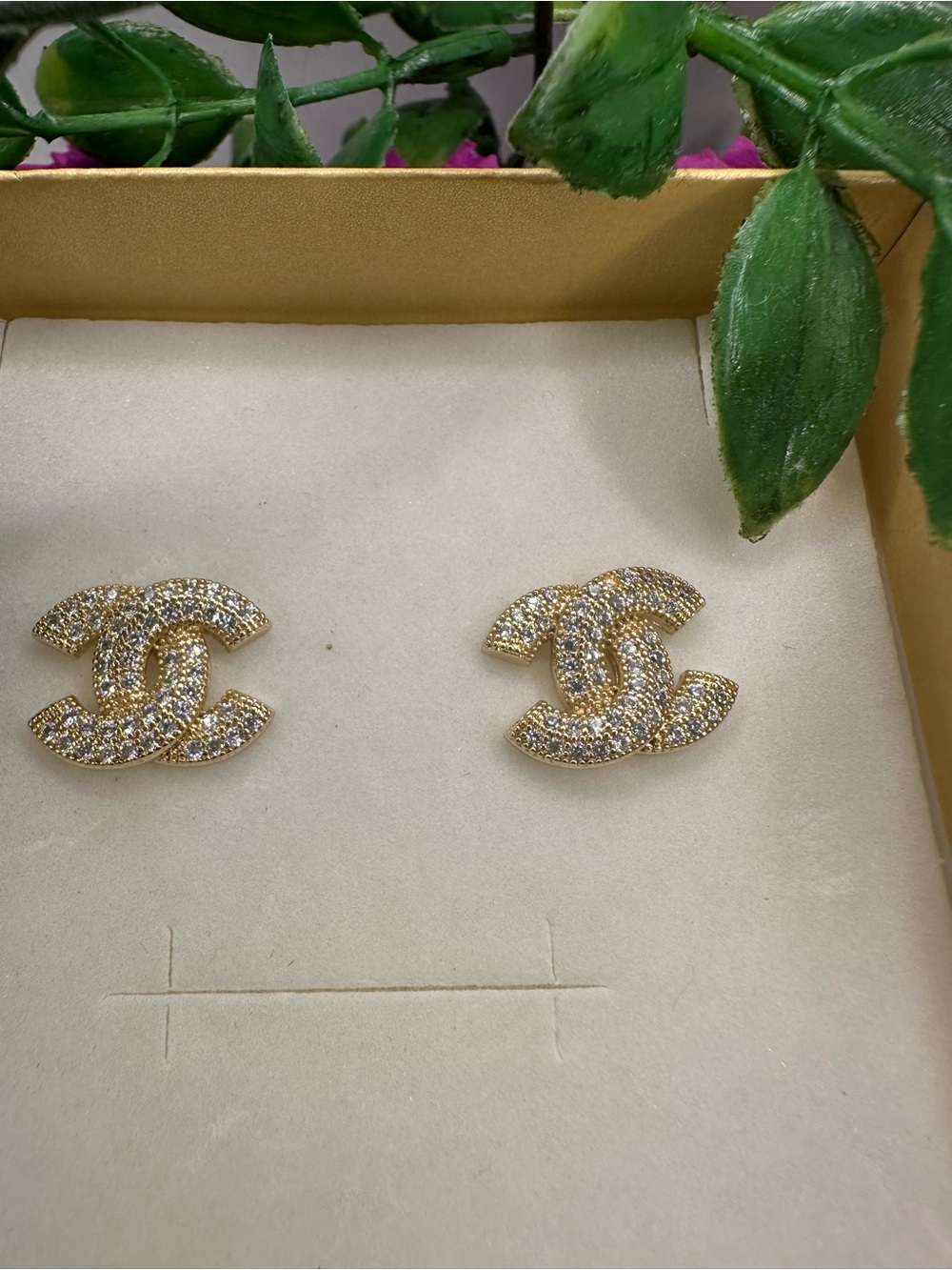 Gold Crystal Logo-Style Stud Earrings